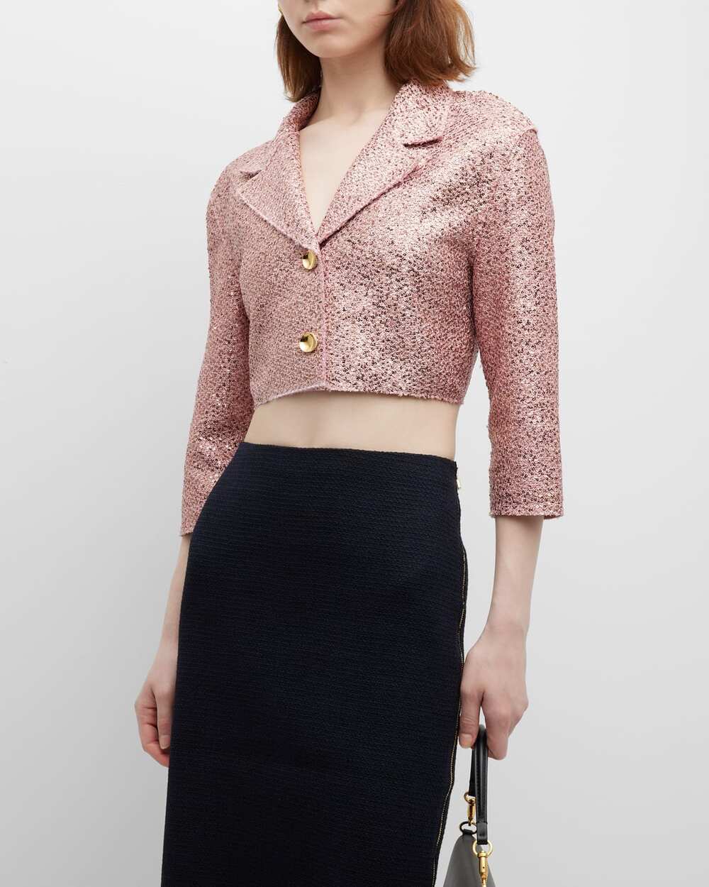 St John Bonded Sequin Knit Short Jacket Pink Metallic Cropped Button Size 12